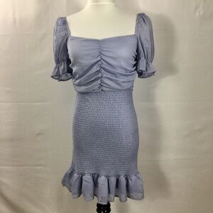 She + Sky Puff Short Sleeve Ruched Smocked Mini Dress Jade Blue Size Small